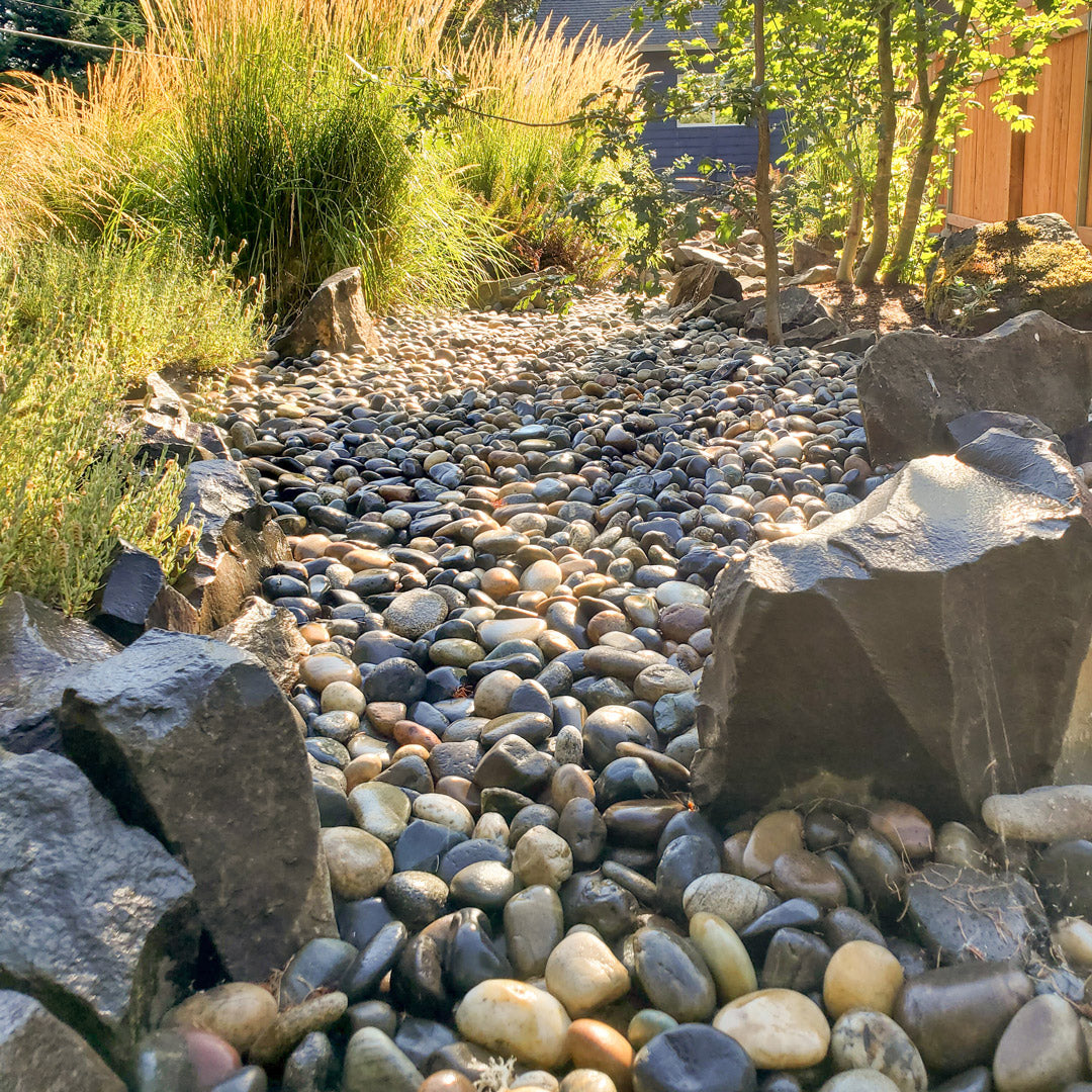 Stone garden path with large stones and plants on a sunny day