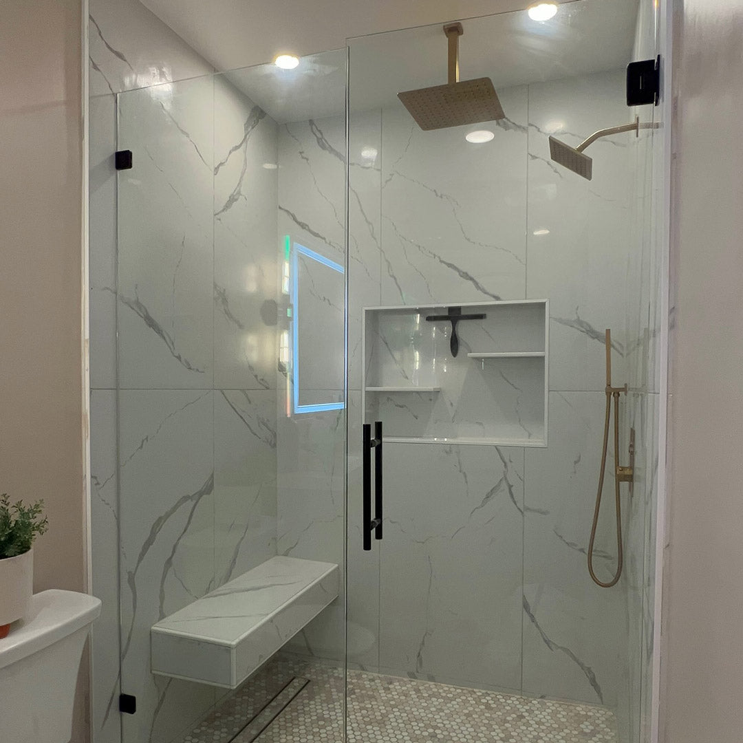 Modern bathroom shower with marble walls