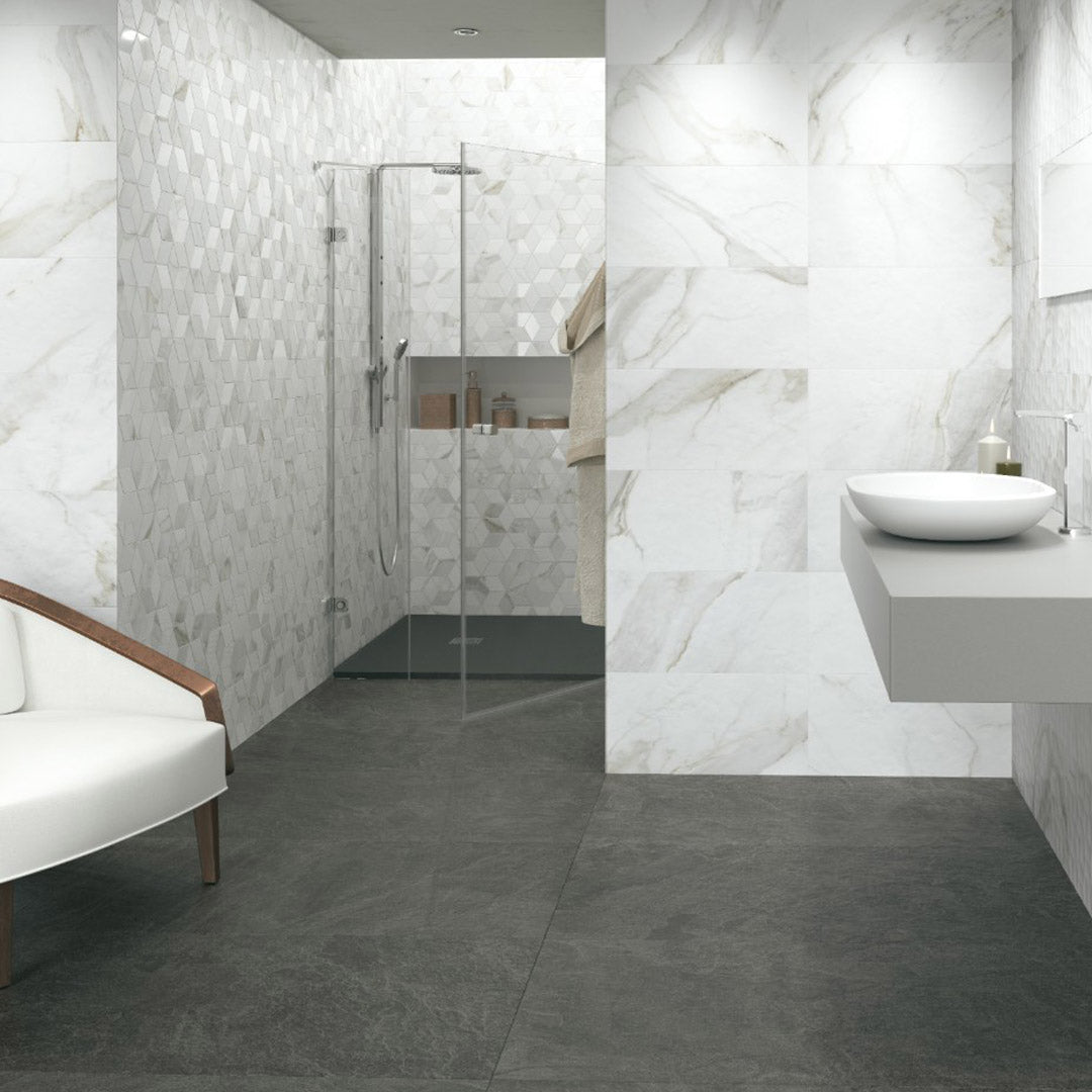 Modern bathroom with marble walls