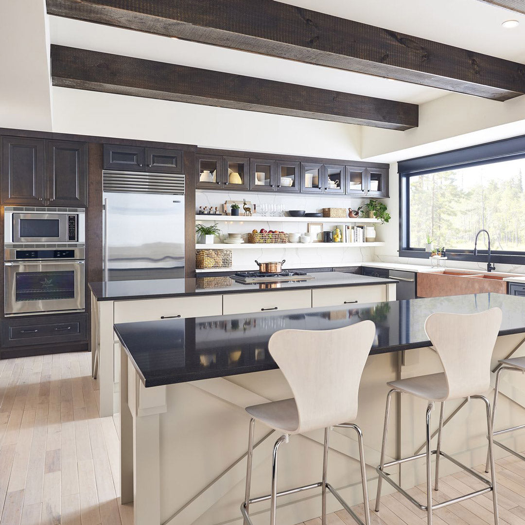 Modern kitchen with dark stone countertops