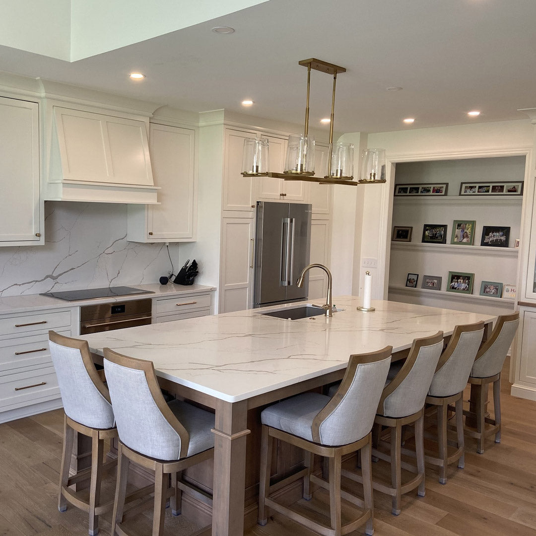 Modern kitchen with a long stone countertop island