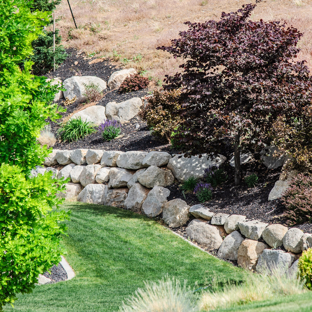 Lush garden with a stone retaining wall