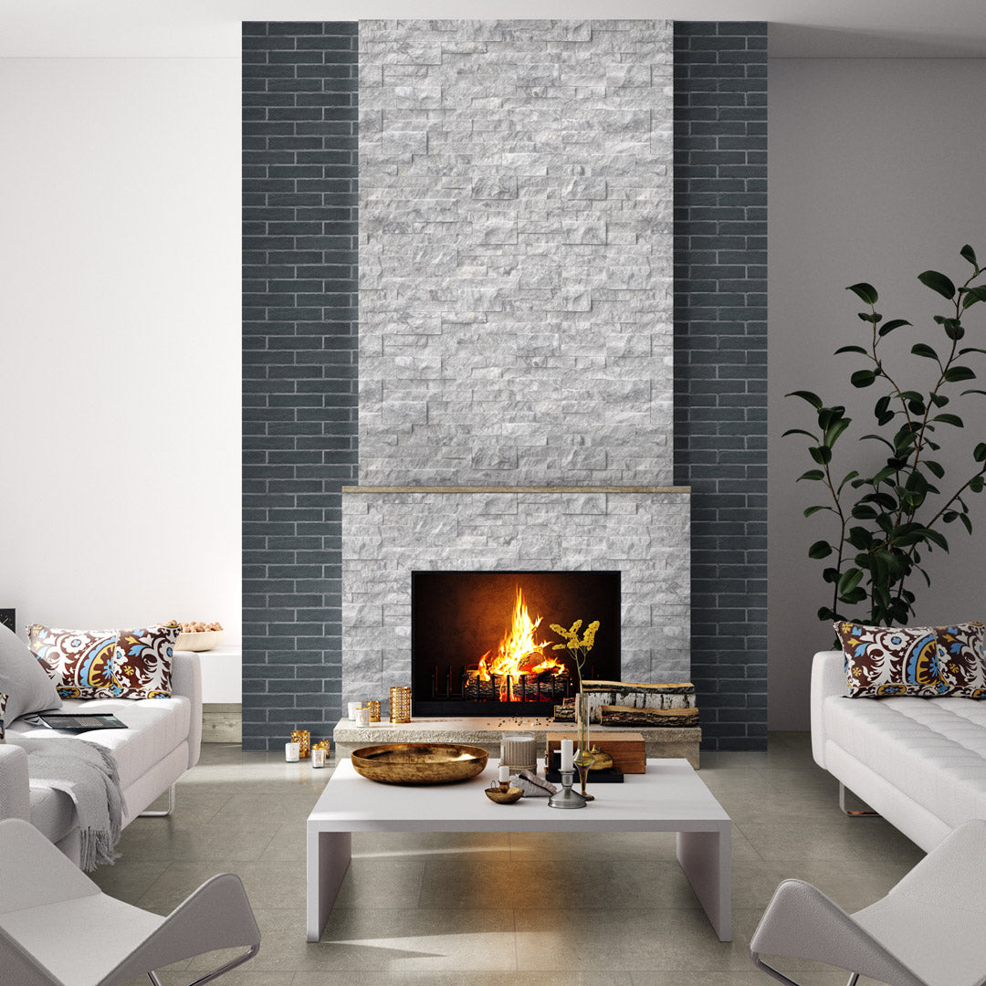 Modern living room with a stone veneer fireplace