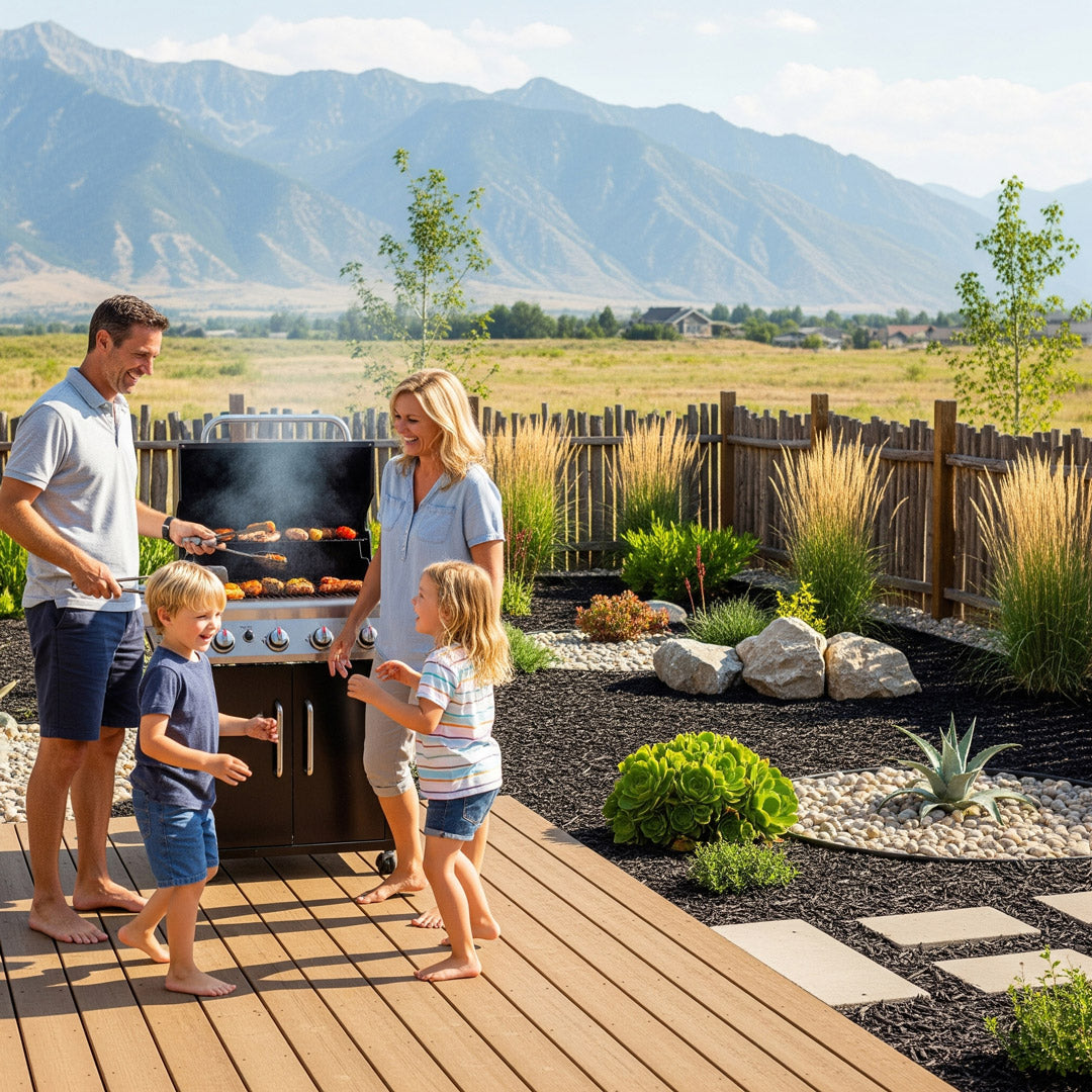 Family grilling on a wooden deck with xeriscaped backyard