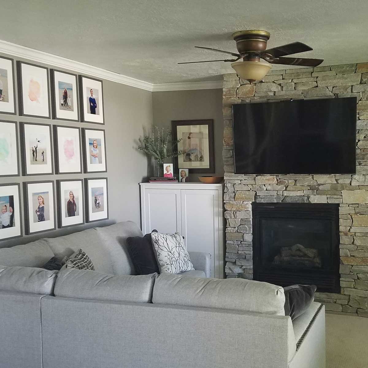 Thin stone veneer fireplace in modern living room